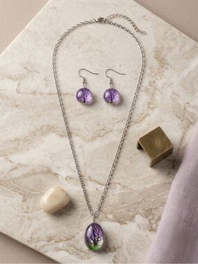 Silver Necklace and Earring Set with Purple Tree Pendant